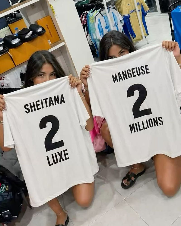 Deux maillots blancs floqués SHEITANA et MANGEUSE